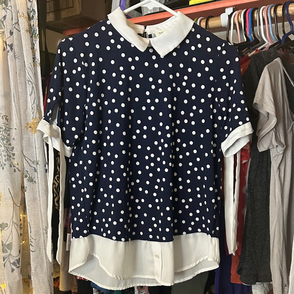 Faith and Joy Navy Polka Dot Blouse with White Collar